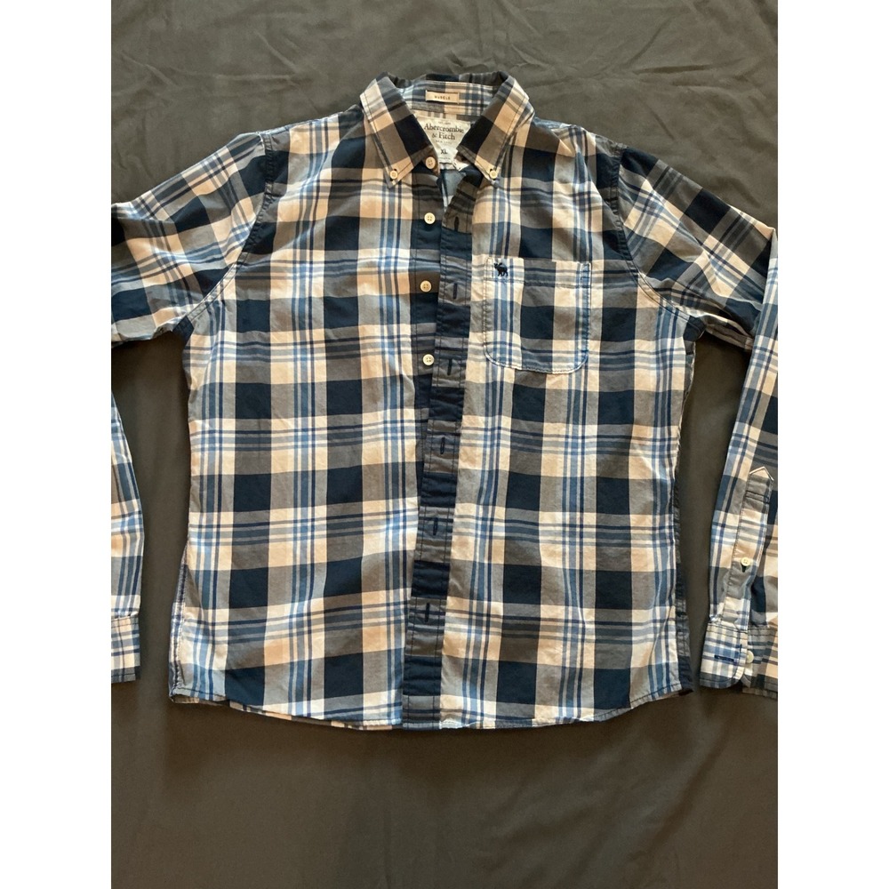 Vintage Y2K Abercrombie & Fitch‎ Button Down Shirt Mens XL Blue Muscle Fit Plaid